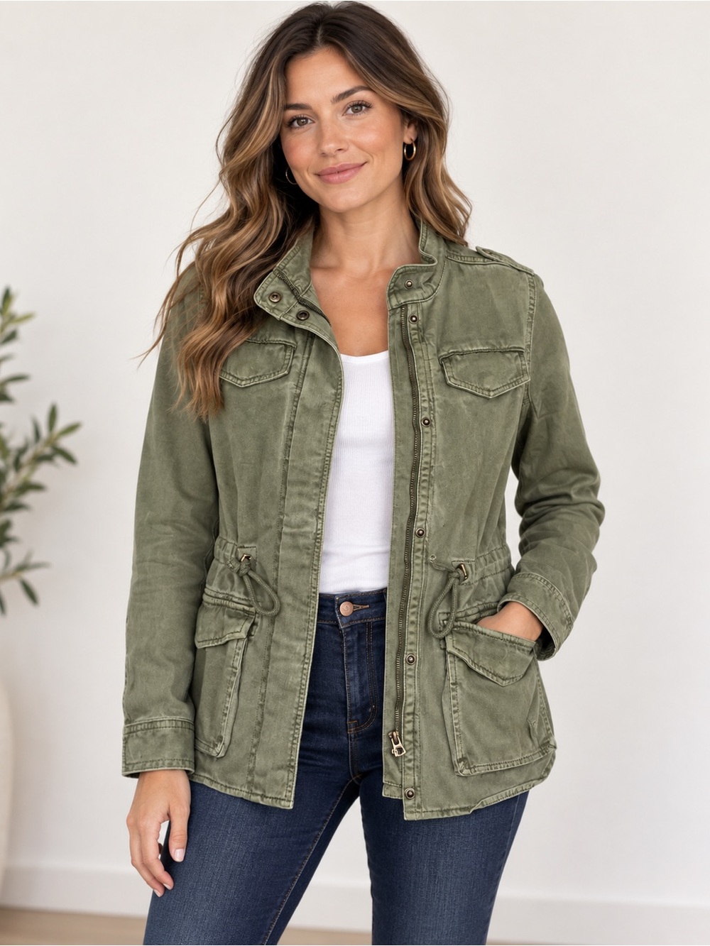 Lucky Brand Olive Green Utility Military Jacket Drawstring Waist Women Small